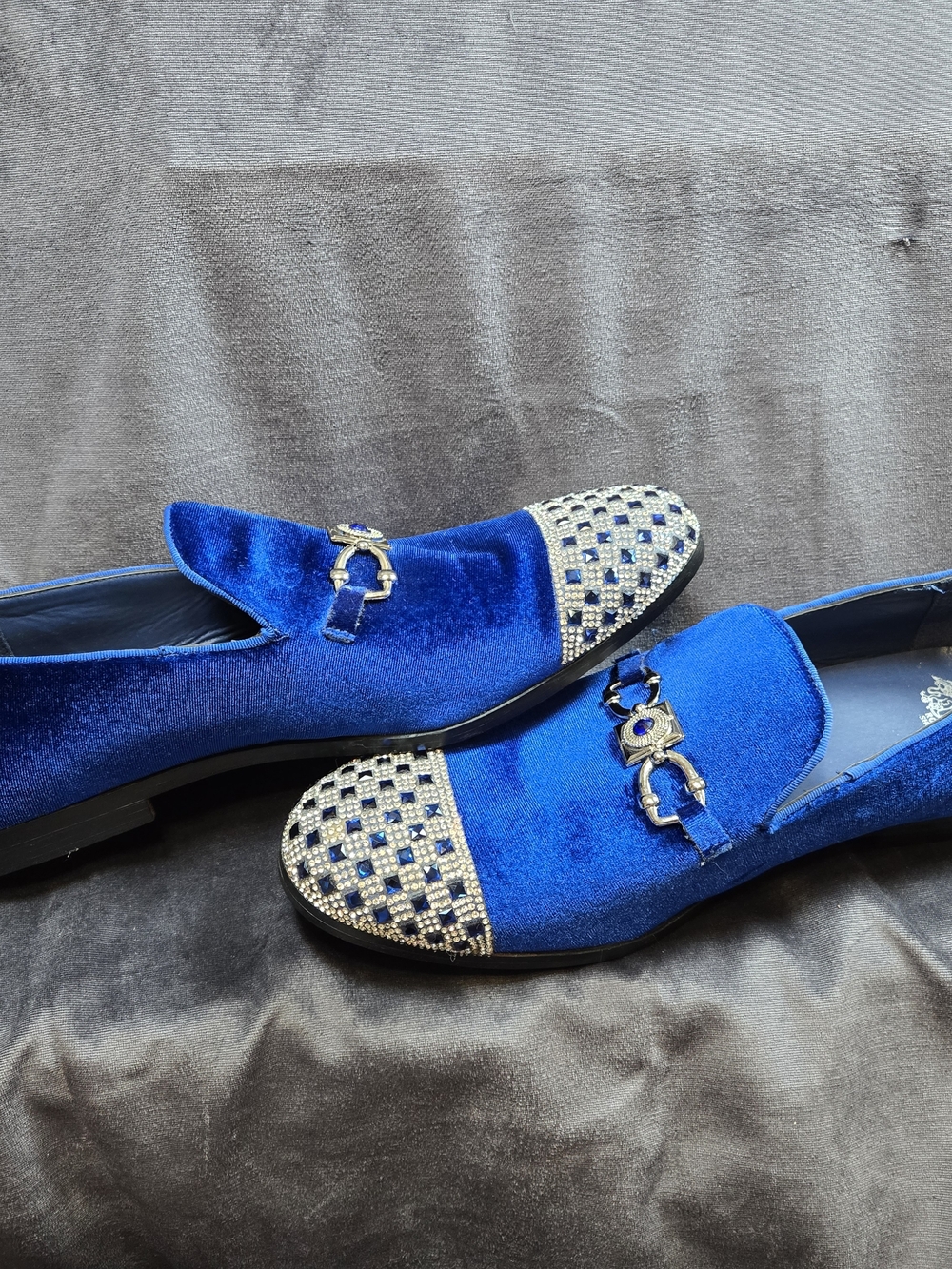 Mens Blue Velvet Slip-On Loafers with  Toe  Crystal and  Silver Embellishments